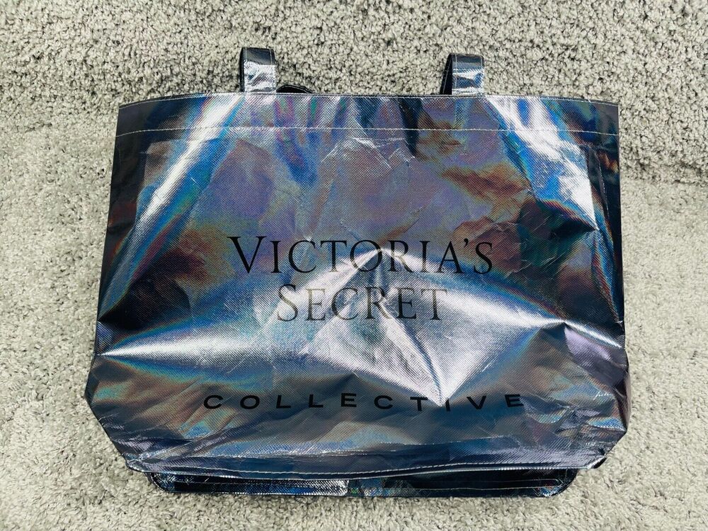 Victorias Secret Pink Collective Metallic Silver Holographic Shopping Tote Bag